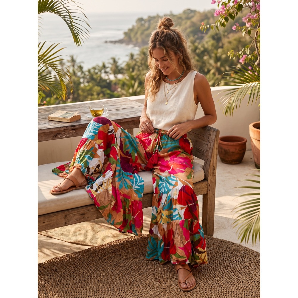 Boho True Destinations Floral Tiered Ruffle Wide Leg Palazzo Pants XS Tropical